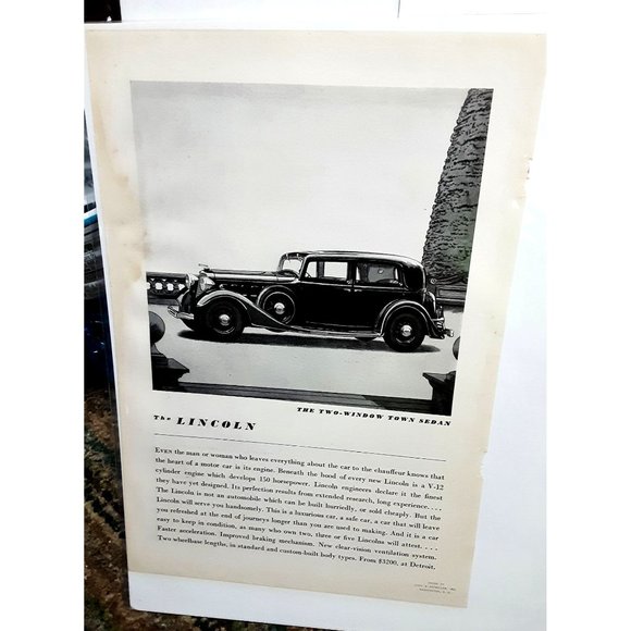 1934 Lincoln Two Window Town Sedan Print Ad vintage 30s - Picture 1 of 1